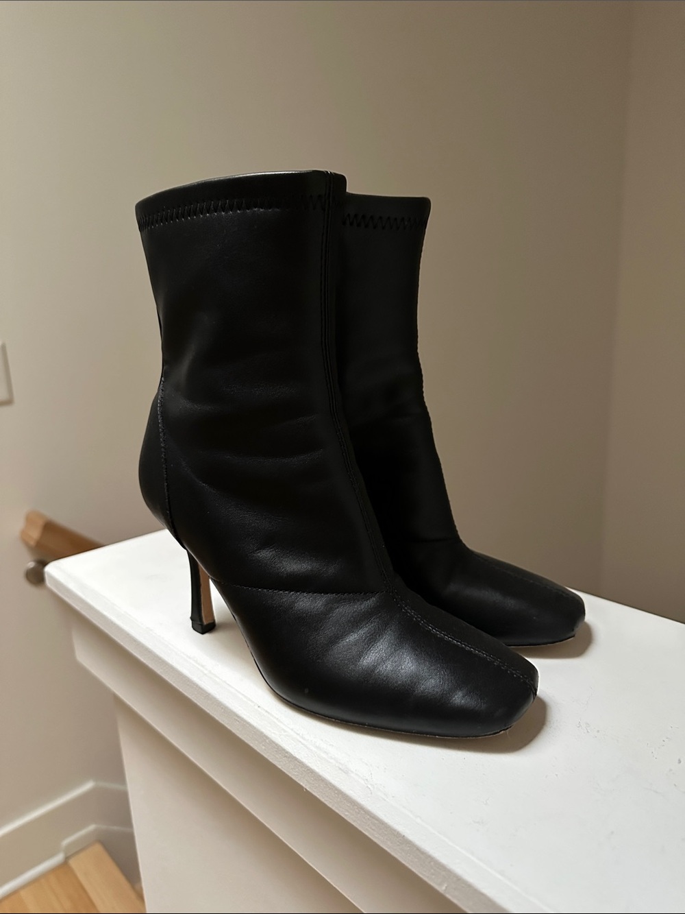 Black Leather High-Heel Ankle Boots - Women's